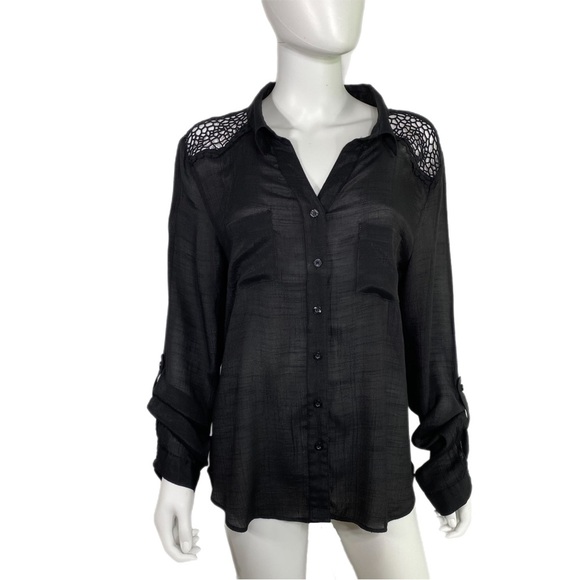 Wishful Park Crochet Lace Sheer Black Long Sleeve Blouse - Picture 1 of 7